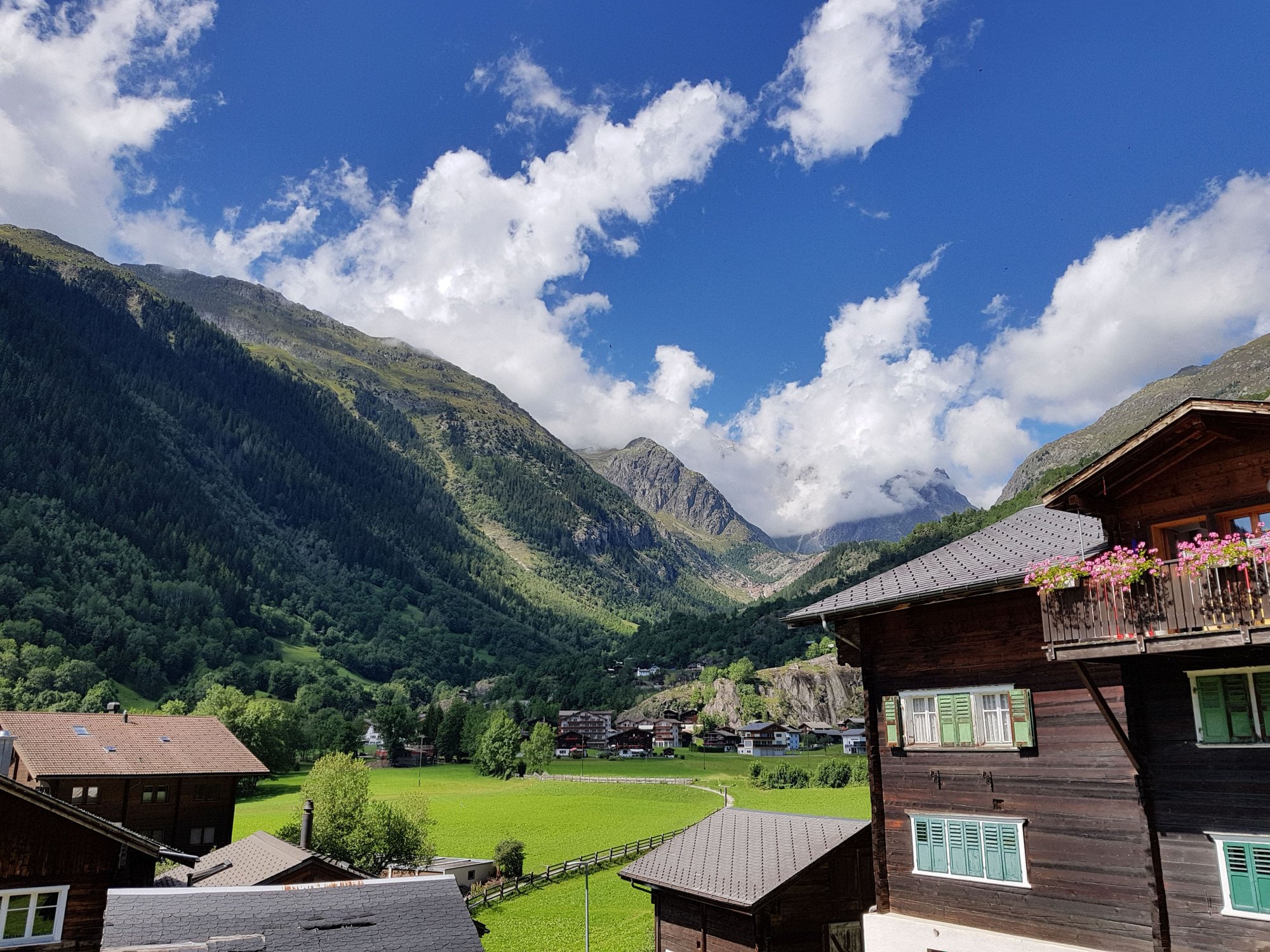 Blick auf das Dorf Fieschertal mit Holzhäusern, grünen Wiesen und umliegenden bewaldeten Berghängen; im Hintergrund ragen felsige Gipfel in den teils wolkigen Sommerhimmel.